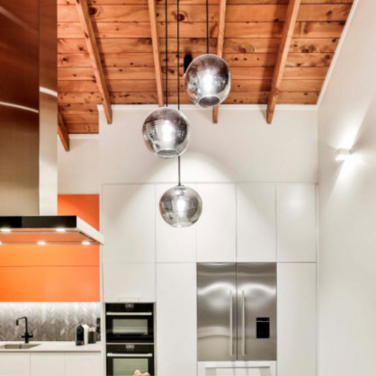 Mida smoked glass pendants shown clustered in Kitchen